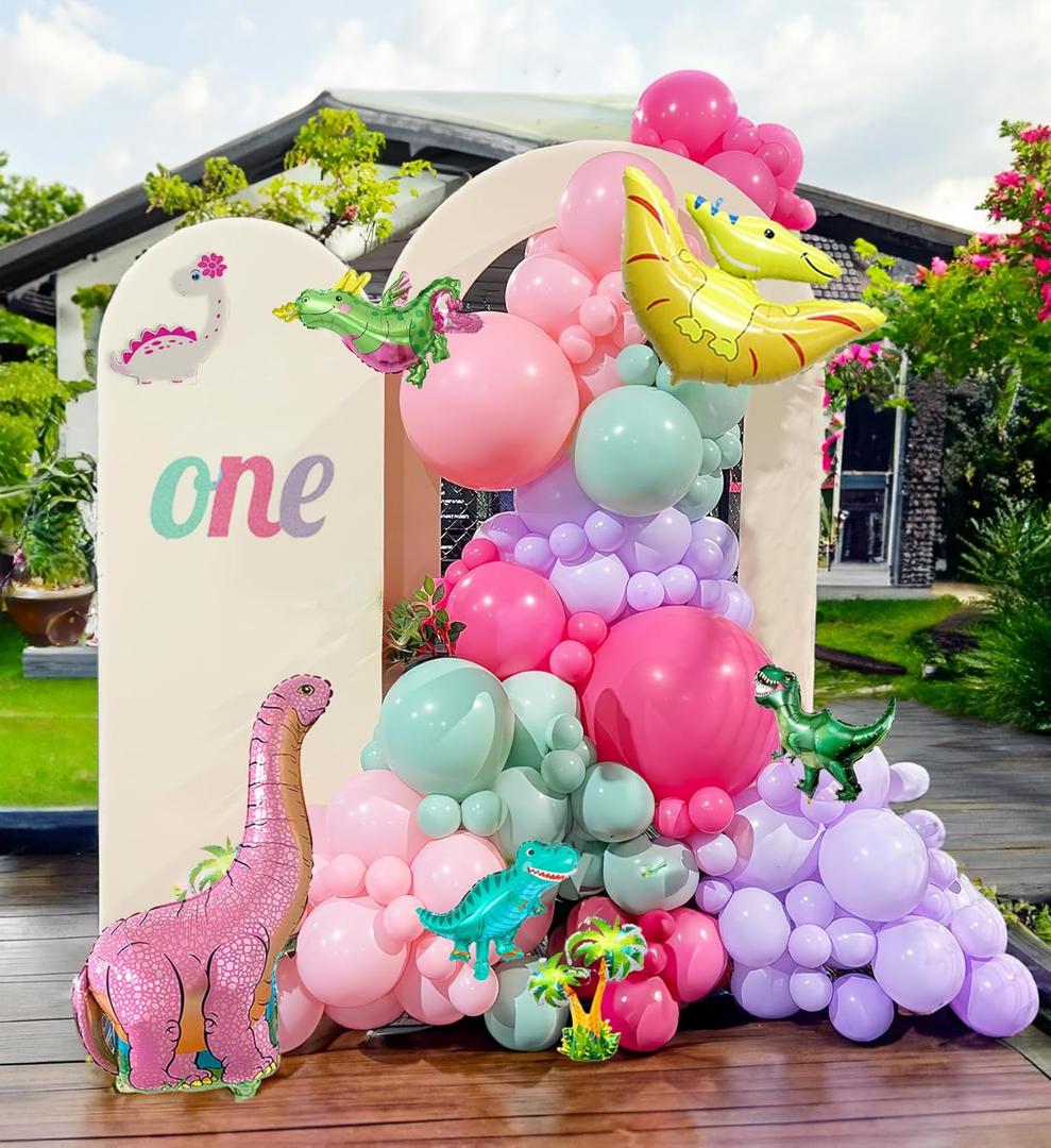 Pink Dino Balloon garland arch kit with Pastel Pink Purple Teal and Foil Dinosaur balloon for dinosaur Theme Party Decorations for Girl (Pink Purple Teal)