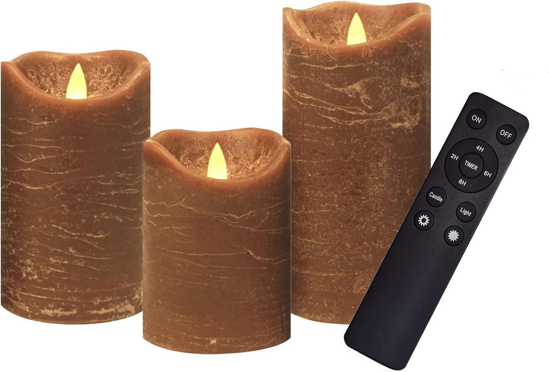 iZAN 3 Pack Real Wax Flameless Candles Battery Operated LED Pillar Flickering Realistic Electric Candle Gift Sets with Remote Control and Cycling 24 Hours Timer 3D X 4" 5" 6" H (Brown)