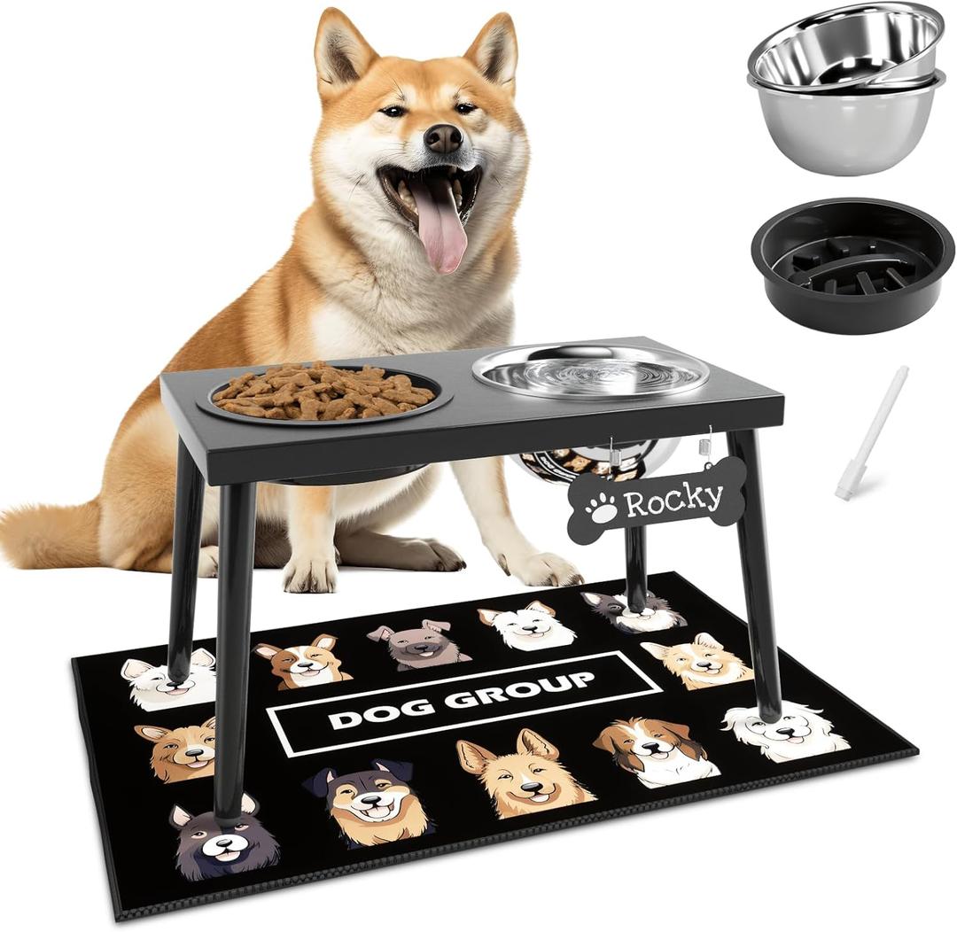 Metal Raised Dog Bowl Stand for Large and Medium Dogs, Elevated Dog Bowls with Sprill Proof Mat  Slow Feeder, Pet Food Bowls 10" Tall Dogs Feeder (58OZ-Stainless Steel Pet Bowl, Mat-16x24in)