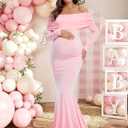 Glampunch Off Shoulders Maternity Dress Long Sleeve Ruched Maternity Gown Baby Shower Photography Pregnant Dress, Large, Pink