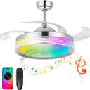 48 inch Modern Retractable Ceiling Fan with Lights and Remote Control, 6Speed Dimmable Fandelier, Smart Ceiling Fan Light with Bluetooth Speaker, RGB Color Reversible Bedroom Living Room, Chrome