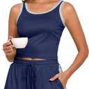 PrinStory Womens Pajamas Set Summer 2 Piece Pajama Sleeveless Tank and Shorts Soft Pj Sets with Pockets (Blue, L)