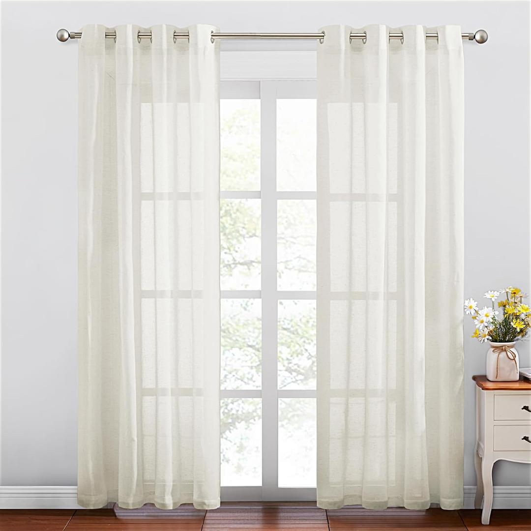 NICETOWN Semi Sheer Curtains 84 inch Length 2 Panels, Grommet Retro Window Treatment Natural Open Linen Curtains Vertical Drapes Privacy with Light Through for Living Room, Vanilla, W52 x L84