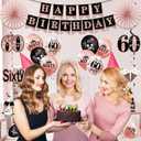 60th Birthday Decorations for Women, 33pcs Black Rose Gold Happy 60th Birthday Banner Crown and Sash Balloons Backdrop Hanging Swirls Paper Fans, 60 Years Old Party Supplies Kit
