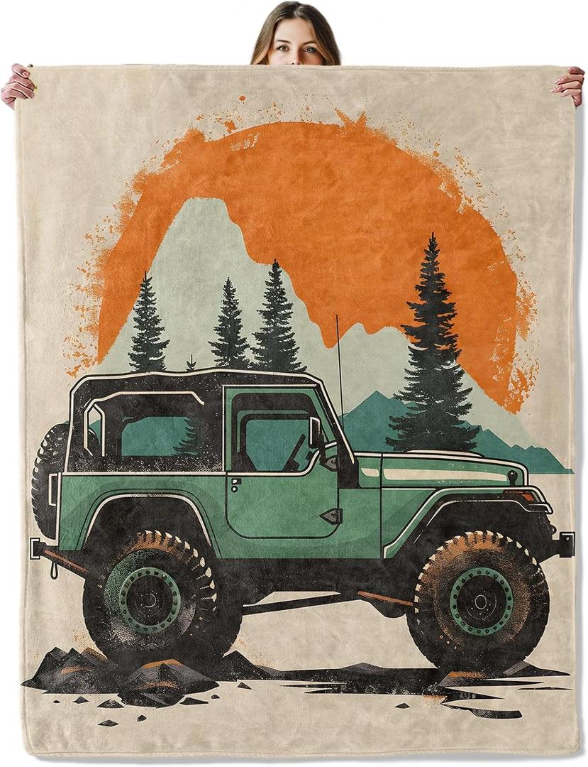 Off-Road Car Throw Blanket for Girls Boys Kids Adults, 50x60 in, Cozy Flannel Blanket for Bedroom, Camping, Couch, Room Decor, Fuzzy Warm Soft Gifts