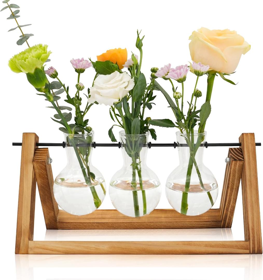 Plant Propagation Station with Wooden Stand,Mothers Day Plant Gifts for Mom,Plant Lovers,Birthday Gifts for Women,Plant Terrarium for Home Office Mothers Day Decorations-3 Bulb Vases