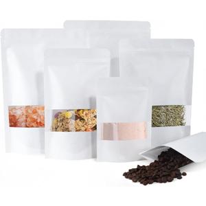 FireKylin 100 Pcs White Paper Bags with Window, 3.9/inch x 5.9/inch Stand Up Pouches Bag, Zipper Food Storage Bags for Packaging Products, Reusable, Sealable