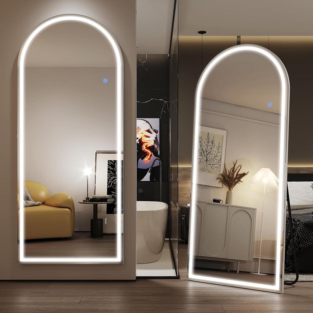 Antok LED Full Length Mirror with Light, 71"x28" Lighted Full Body Mirror with Stand, Dimmable & 3 Color Lighting Standing/Leaning/Wall Mounted Vanity Mirror for Bedroom Cloakroom Livingroom(Arched) (White)
