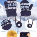 Baby Warm Knit Mittens for Infant Kids Girls Boys 0-2T | Soft Thick Faux Plush Lined, Snowflake Pattern, Elastic Windproof Cuff, Newborn Toddler Fit, 33.5" Neck Lanyard, Cold Weather (Blue)
