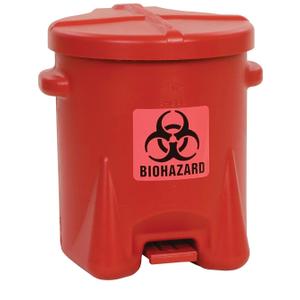 Eagle 6 Gallon Biohazard Trash Can with Foot-Operated Self-Closing Lid, 16.5" x 13.5" x 16", Made in The USA from High-Density Polyethylene, Red, 943BIO