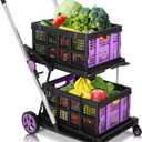 Collapsible Shopping Cart on Wheels, Folding Shopping Cart with 360° Swivel Wheels, Multi Use Utility Cart Adjustable Portable Trolley with 2 Storage Crate, Used for Picnic, Supermarket, Purple