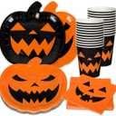 72Pcs Halloween Party Dinnerware Set Orange Black Pumpkin Themed Paper Plates Cups Napkins Halloween Disposable Tableware Party Supplies for Spooky Themed Party Birthday, Serves 24 Guests