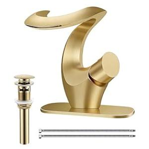 Elegant Alien Brushed Gold Bathroom Sink Faucet Single Hole, AUU Waterfall Vanity Sink Faucet Solid Brass, Single Handle Basin Tap with Pop Up Drian&Deck Plate
