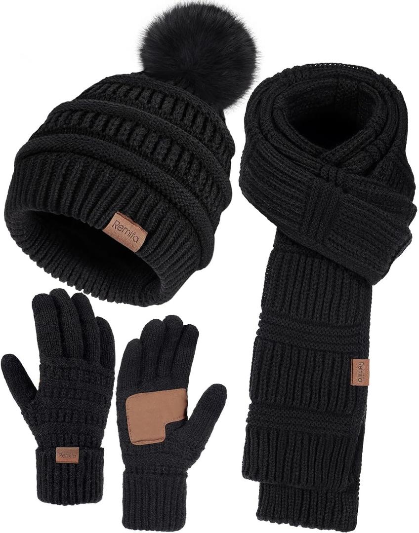 Winter Beanie Hat Scarf Gloves Set for Women, 3 PCS Warm Pom Pom Beanie Long Knit Scarf Anti-Slip Touchscreen Gloves Fleece Lined Hat Winter Gifts for Cold Weather Birthday Christmas Gifts for Adults (Black)