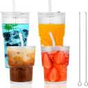 4 Pack 14&20 Oz Glass Cups with Lids and Straws Iced Coffee Cups Vintage Ribbed Glassware for Beer Ice Coffee Fruit Juice Elegant Aesthetic Cup Glass Iced Coffee Tumbler Include 2 Cleaning Brushes