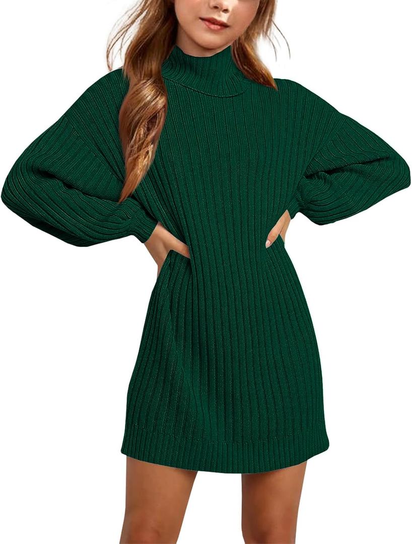 Virmoku Fall Winter Girls Oversized Sweater Dress Turtleneck Batwing Long Sleeve Kids Teen Tween Casual Sweaters Girl Dresses (11-12 Years, Green)