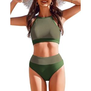 AI'MAGE Women's High Waisted Bikini Ribbed Tummy Control Swimsuit High Neck Color Block Two Pieces Bathing Suits 2025 Small