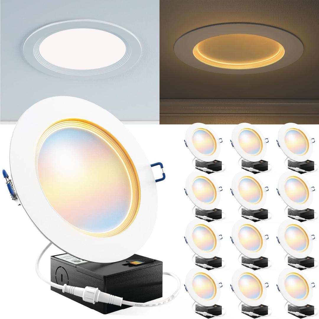 Sunco 12 Pack 6 Inch Ultra Thin LED Recessed Ceiling Lights Slim, Night Light, Baffle Trim, 2700K/3000K/4000K/5000K/6000K Selectable, Dimmable, 14W, Canless Wafer with Junction Box - ETL.