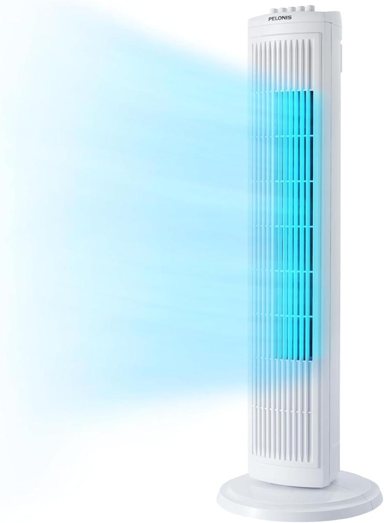 PELONIS 30" Tower Fan for Bedroom, Standing Fan with 3 Speeds, 90 Oscillation, Small Fan with 120-Min Auto Timer, White