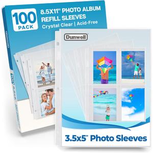 Dunwell Photo Sleeves for 3-Ring Binder, (3.5x5, 100 Pack) for 800 Pictures, Each Photo Page Holds 8 Pictures or 4 Seed Packets, Acid-Free Poly Plastic 3.5 x 5 Album Refill Pages