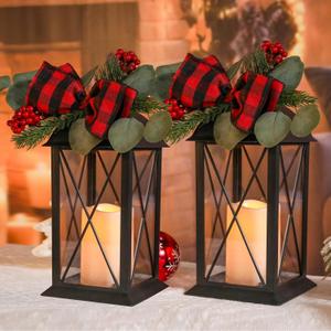 Christmas Lanterns Decorative Indoor, 2 Pack Christmas Lantern Outdoor, 12.5 Inch Decorative Candle Lanterns Flameless Light with Greenery and Bowknot for Table Centerpieces,Home, Porch Decor