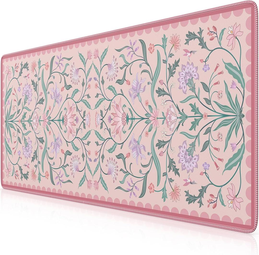iLeadon Desk Mat Pink, Large Floral Mouse Pad for Desks with Smooth Lycra Surface, Long Full Desk Mouse Cushion for Laptop, Keyboard Mat for Office, Home, Light Pink