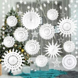 21 Pcs White Snowflake Decorations Christmas Paper Hanging Fans Decor Winter Wonderland Party Decorations with Frozen Snowflake Garland Star Hanging for Xmas Winter Wedding Birthday
