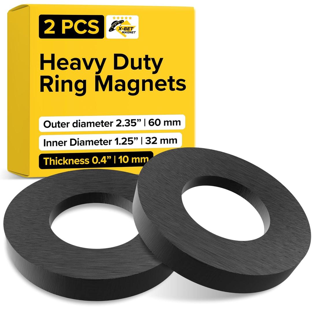 Heavy Duty Ring Magnets - Ultra Strong (2.35x0.4/60x10mm, 2 pcs) Magnets with Holes for DIY & Crafts - Space Organization Set for Home, Workshop, Refrigerator, Whiteboard, Office, Classroom