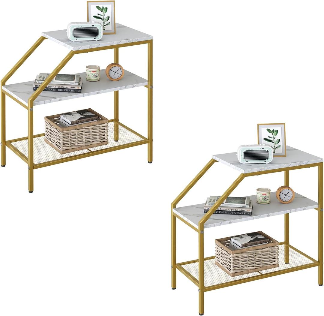 End Table 3 Tiers 2pcs White Marble Wood Nightstand with Storage Ladder Shelf,Industrial Sofa Side Table for Small Space, Modern Trapezoid Plant Stand in Living Room Bedroom,Gold Metal Frame