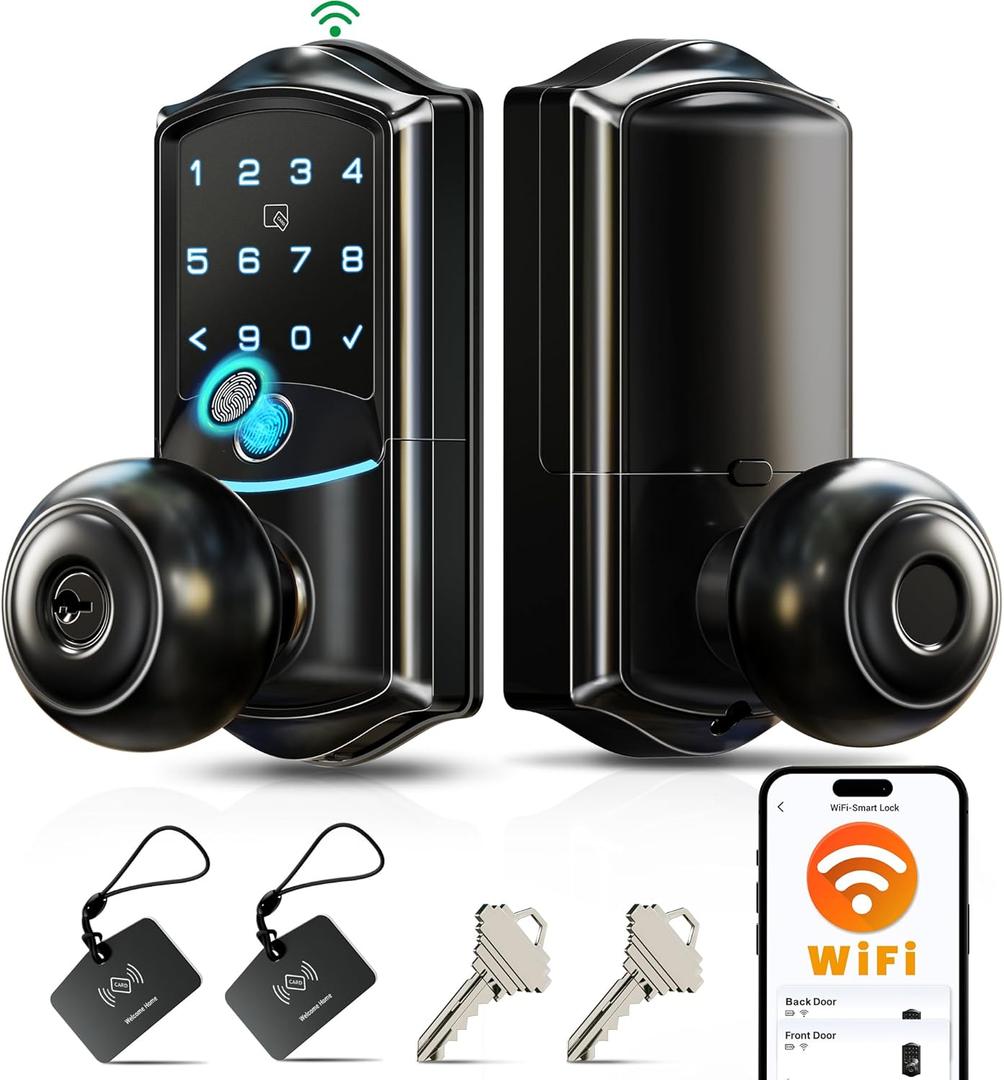 Veise VE028 Built-in Wi-Fi Smart Lock with Knob, Fingerprint Keyless Entry with Handle, App Remote & Voice Control, Electronic Digital Keypad for Front Door and Bedroom, IP65 Waterproof, Matte Black