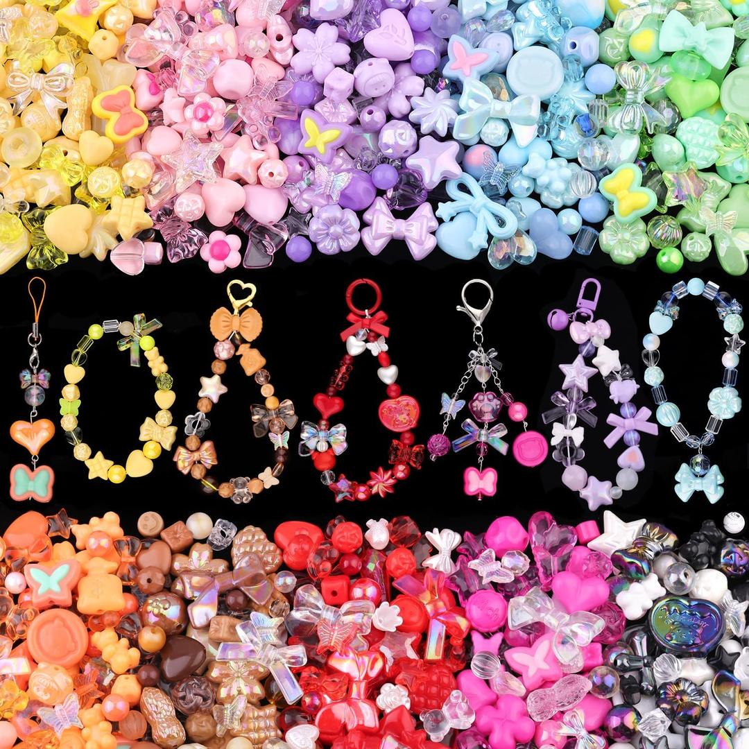 Assorted 500PCS 10 Colors Mixed Acrylic Beads for Bracelet Making, Flower Bow Butterfly GummyBear Aesthetic Bracelet Charms, Cute Beads for Jewelry Making DIY Necklace Keychain Phone Charm