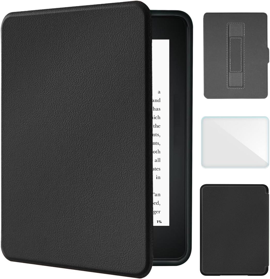 Case for 7" Kindle Paperwhite 12th Generation (2024) and Kindle Colorsoft Signature Edition,Includes a Screen Protector,Hand Strap Cover,Soft TPU Back,Light Shell with Auto Wake/Sleep,Black