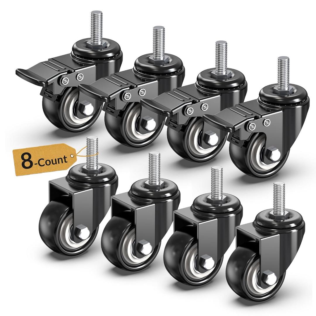 HOLKIE Stem Caster Wheels 2 inch Total Casters Set of 4, Threaded Stem 3/8" -16 x 1 (Diameter 3/8", Length 1") Swivel Heavy Duty Castors Black 8 Pack (Black-With Brake& No Brake-8pack)