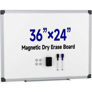 Magnetic White Board Hanging 36" x 24" for Wall, Dry Erase Board for Office, School, Home, Silver Frame, Includes Eraser, Markers, Magnets, Pen Tray