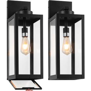 20" Large Outdoor Wall Lights with Closed Bottom - Black Outdoor Light Fixture Porch Lantern Wall Mounted, Waterproof Modern Exterior Wall Sconce Coach Lamp with Tempered Glass for House, E26, 2 Packs