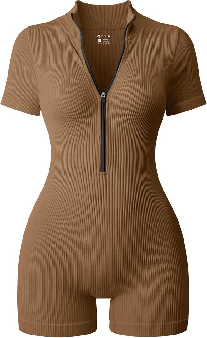 OQQ Women Rompers Ribbed Short Sleeve Zip Front Stretch Tummy Control Yoga Workout Rompers (Medium, Coffee)