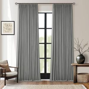 Charcoal Grey Blackout Linen Curtains 96 Inches Long for Bedroom Pinch Pleated Black Out Curtains Lined 2 Layers Memory Shape Noise Reducing Neutral Modern Living Room Darkening Window Drapes