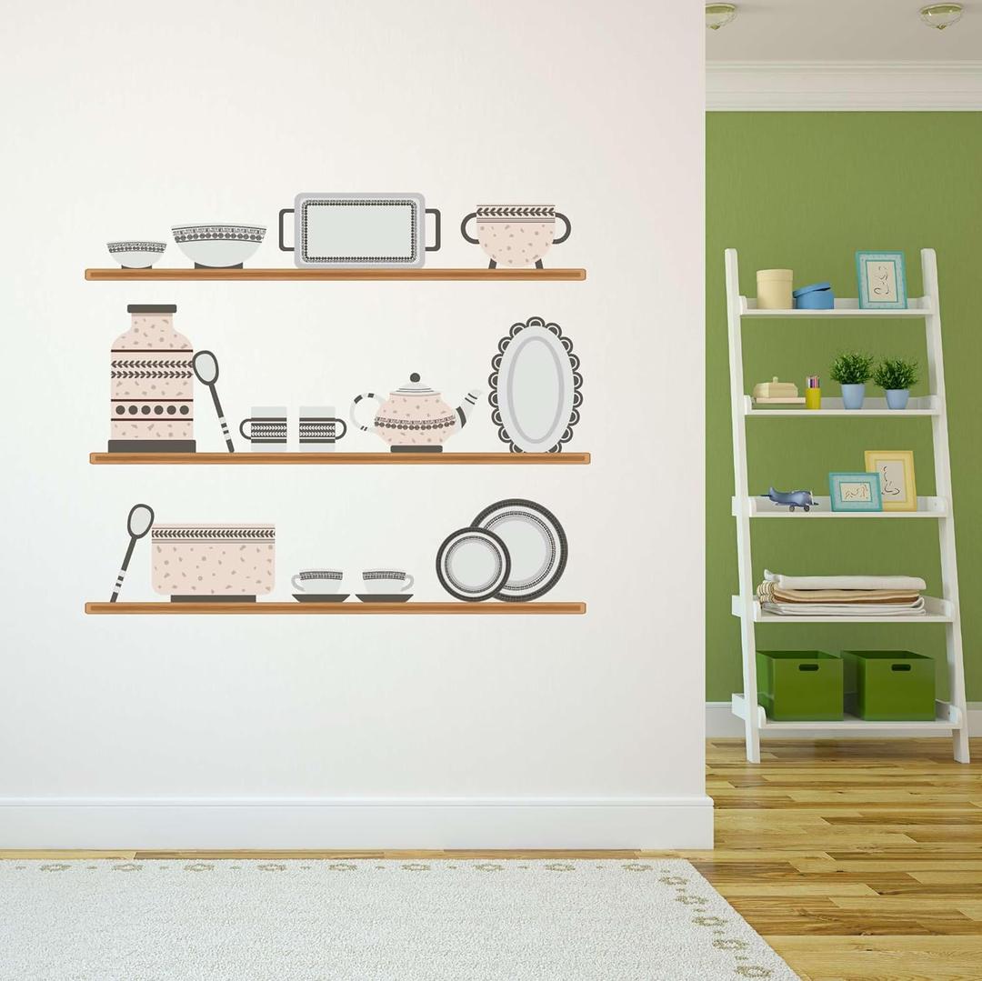Wall Decal Cute Home Wall Sticker Retro Ceramic Crockery on Shelves Removable - Size: 30 in(W) x 24 in(H) (Multi)