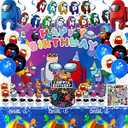 110Pcs A-mong Us Birthday Party Supplies,Video Game Party Decorations with Birthday Banner,Hanging Swirls,Cake Topper,Cupcake Toppers,Balloons,Foil Balloons,Backdrop,Tablecloth,Stickers