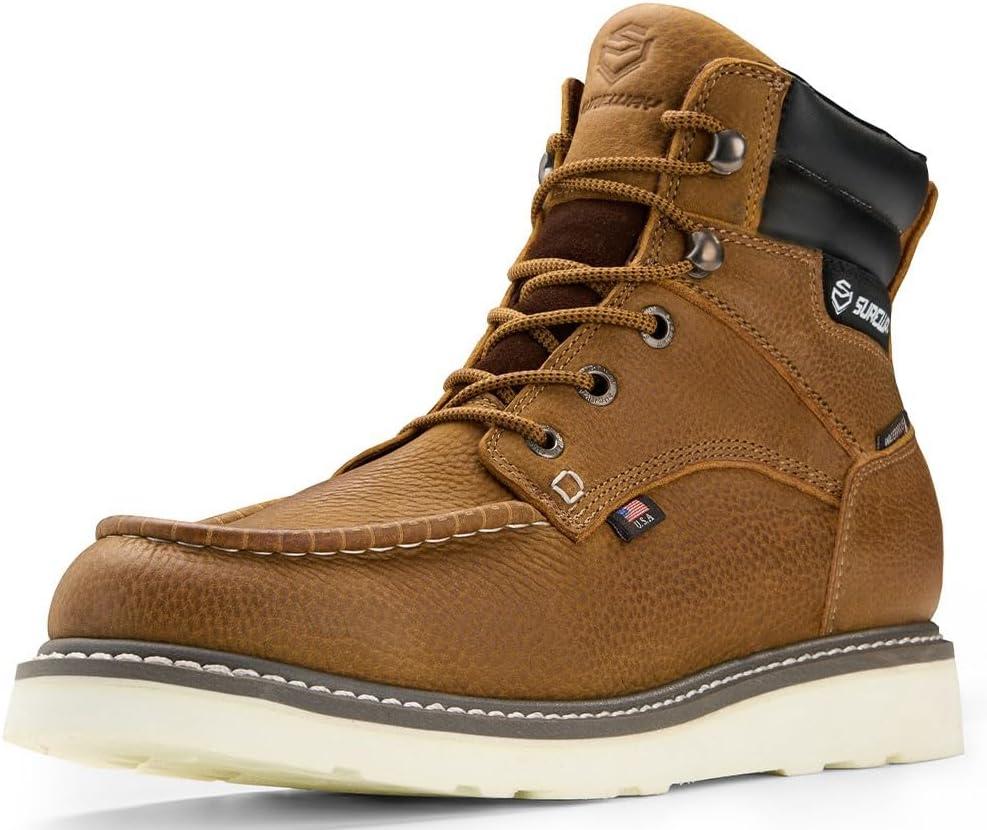SUREWAY Men 6 Inch Waterproof Soft Toe Work Boots - Moc Toe,Construction Industrial Safety Leather Work Shoes,Oil/Slip Resistant Comfortable Wedge Outsole,EH Rated, Welt,Lace Up,Heavy Duty (8)