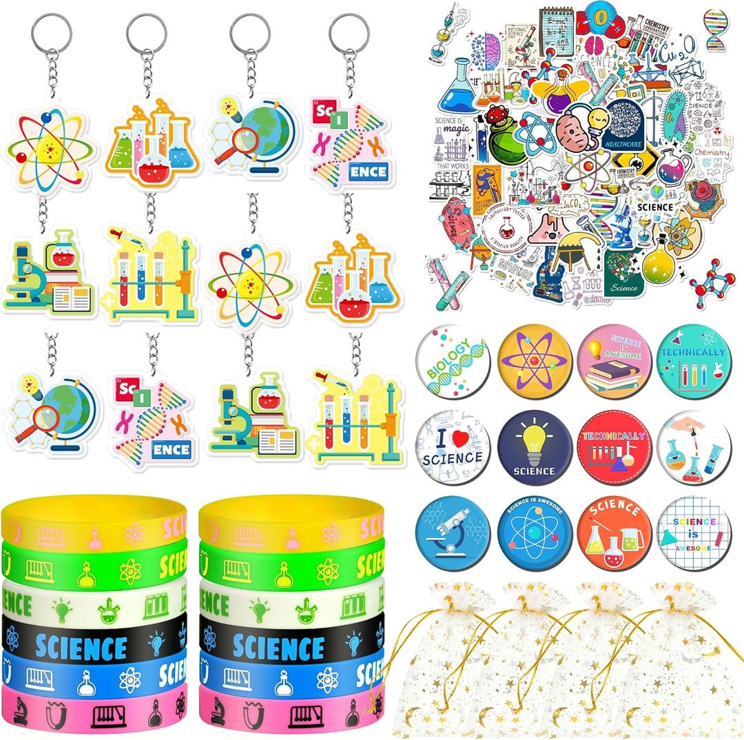 Tazimi 98 PCS Science Party Favors Scientist Chemistry Theme Birthday Party Supplies with Science Keychains Stickers Rubber Bracelets Button Pins and Bags for Science Theme Party