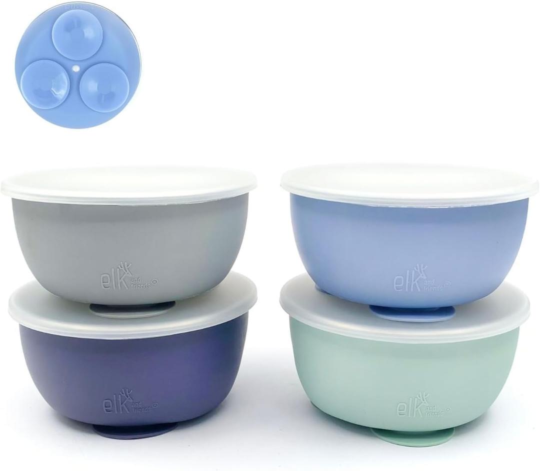Elk and Friends Stainless Steel Bowls with Silicone Sleeve for Babies & Toddlers | Lids Included | Stay Put Suction | Cereal & Snack Bowls | 4 Pack (Sage/MistyBlue/Navy/Gray)