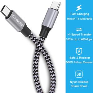 USB C Cable, 2 Pack 6FT USB c to USB c Cable Nylon Braided Type C PD 60W Fast Charging for iPhone16 15 iPad mini 6 and More (USB C to USB C (for iPhone 16 15))