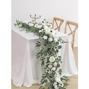 MISSPIN 8FT Eucalyptus and Willow Leaf Garland with Artificial Flowers Fake Flower Peony Rose Vine Greenery Decorative Wall Hanging Plant for Spring Wedding Arch Backdrop Door Arrangement Party Decor (White)