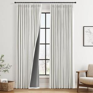 Ivory Pinch Pleated Linen 100% Blackout Curtains 96 Inch Length Pinch Pleat Drapes Back Tab Thermal Insulated Boho Farmhouse Living Room Darkening Bedroom Black Out Window Curtains 2 Panels Set