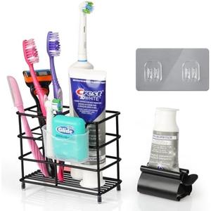 Donkiyana Bathroom Toothbrush Holder with Squeezer Rollers, Black 304 Stainless Steel Wall Mount Bathroom Accessories Organizer with Hanging Storage Box, Small