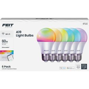 Feit Electric A19 Smart LED Light Bulb, 60W Equivalent, Dimmable, RGBW Color Changing, Alexa & Google Home Compatible, 2.4GHz Wi-Fi Enabled, 800 Lumens, 25,000-Hour Lifetime, OM60/RGBW/CA/AG/6, 6-Pack