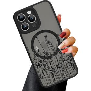 OOK Magnetic for iPhone 14 Pro Max Case Cute Floral Design for Women & Girls, [MagSafe Compatible] Slim Translucent Matte Black Cover, Camera Protection, Chic & Stylish (6.7") (Black Wild Flowers)