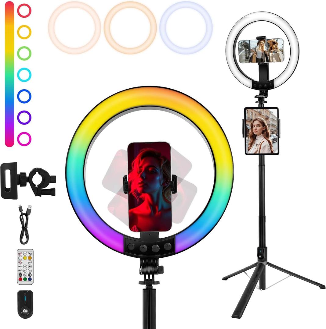 13" Selfie Ring Light with 74" Tripod Stand, RGB Full Color Modes Selfie Light with Extendable Tripod, Phone Holder, iPad Holder, Remote for iPhone & Android,TikTok/Makeup/Photography/Vlog