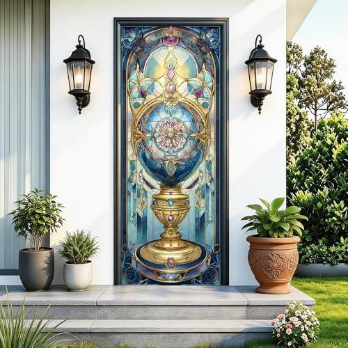 Cmialusie Peel and Stick Door Wallpaper 30.31 x 78.74 Inch Stained Glass Lamp Vintage Floral Decorative Door Cover for Home